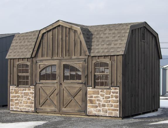 10x16 Custom Dutch Barn Storage Shed with rustic board 'n' batten siding and stonework