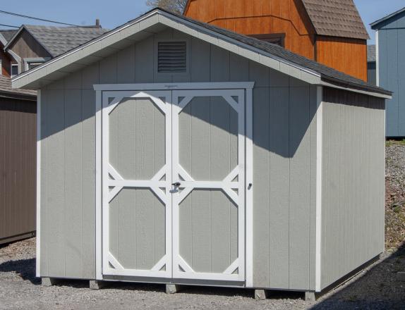 10x12 Front Entry Peak Style Storage Shed with Light Grey Engineered LP Smart Side Siding, White Trim, Double Doors, and Gable End Vents