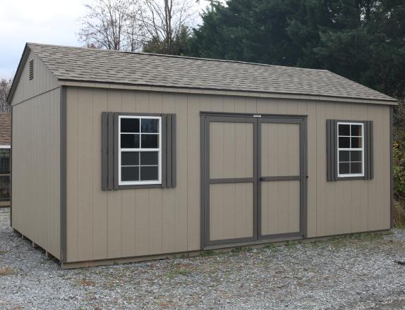 Pine Creek 12x20 HD Peak with PC Clay walls, Bronze trim and Bronze shutters, and Weatherwood shingles